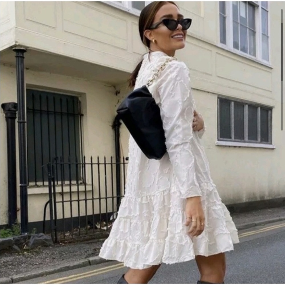 H&M textured jacquard long sleeves with bell ruffles mini dress.